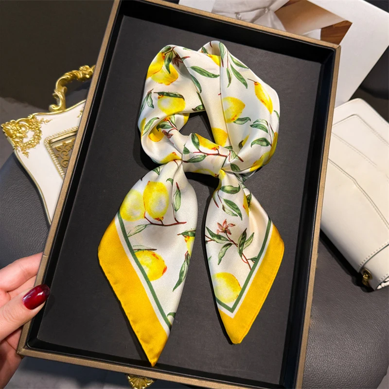 Ascot Neck Scarf - 70cm Square Lemon Print Yellow Square