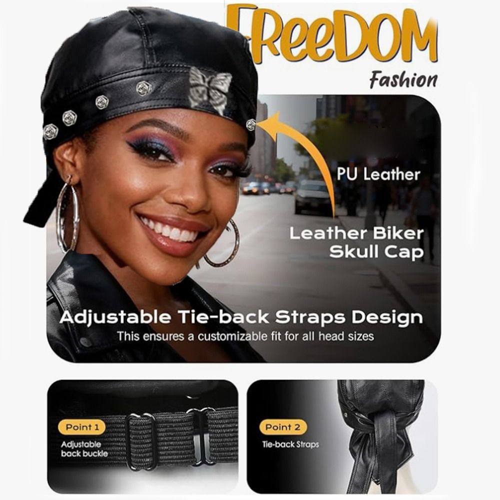 PU Leather Black Biker Cap Adj - Bandana Doo Rag のレビューと価格